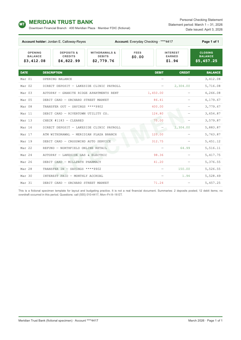 Financial Statement Bank Statement